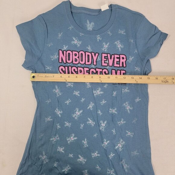 It's Happy Bunny Women's Shirt Short Sleeve Vintage Blue LARGE Nobody Suspects - Picture 6 of 6